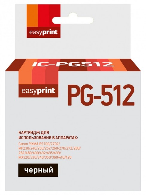Струйный картридж EasyPrint PG-512 для принтеров Canon PIXMA MP230, MP240, MP250, MP252, MP260, MX360, MX410, MX420, iP2700, iP2702, черный, 312 страниц