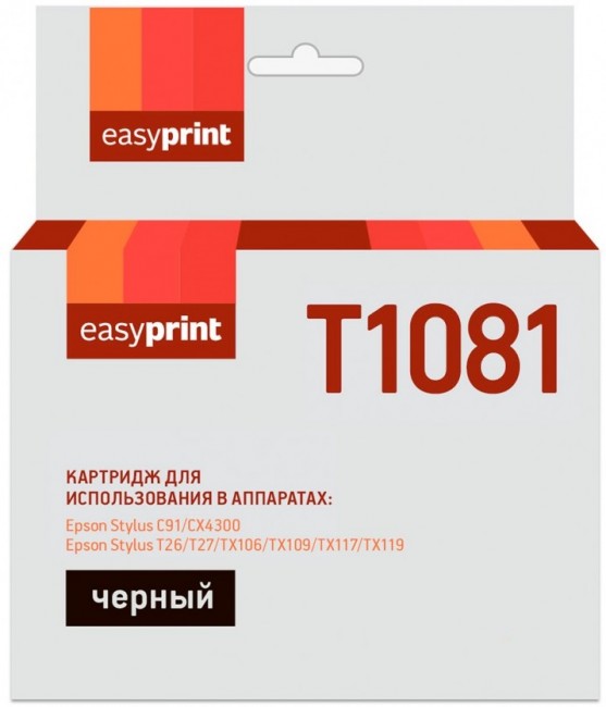 Струйный картридж EasyPrint C13T0921/T1081 для принтеров Epson Stylus C91, CX4300, T26, T27, TX106, TX109, TX117, TX119, черный, 250 страниц